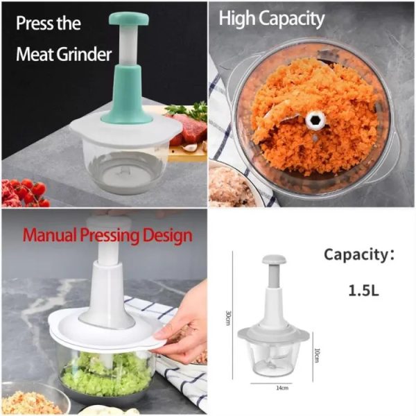 1.5L Manual Hand Press Chopper & Grinder – Stainless Steel Blades